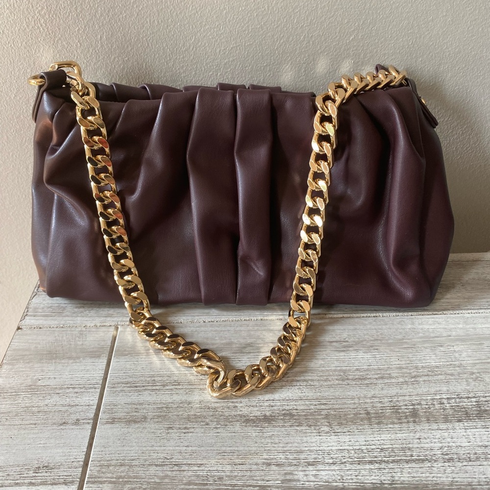 Elegant Dark Purple Faux Leather Bag with Gold Chain